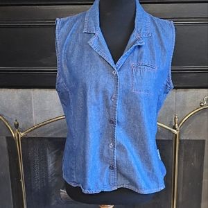 Soft Denim Sleeveless Top Vest Pink Stitching size Large